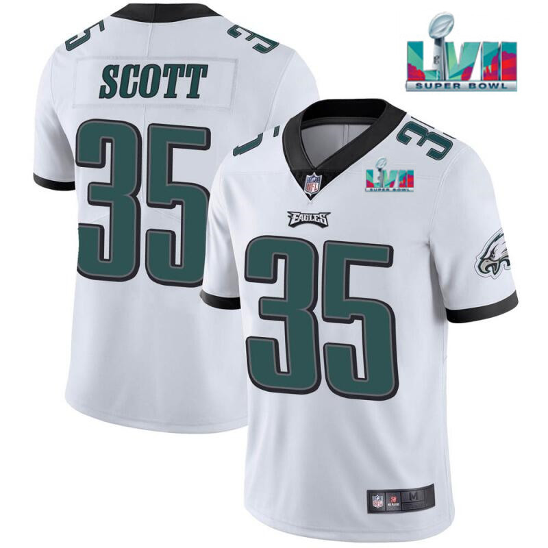 Men's Philadelphia Eagles #35 Boston Scott White Super Bowl LVII Patch Vapor Untouchable Limited Stitched Men's Philadelphia Eagles #35 Boston Scott White Super Bowl LVII Patch Vapor Untouchable Limited Stitched